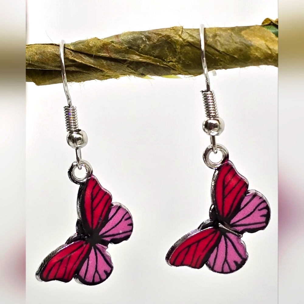 Pink and Red Enamel Butterfly Hook Earrings
